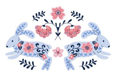 Geleneksel paskalya kompozisyonu, çiçek süsü ve düz vektör şeklinde çiçeklerle süslenmiş iki tavşan figürü. Bahar tatili konsepti gelenek kutlaması simetrisi ve doğayı simgeliyor.