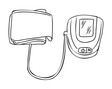 Beyaz arka planda izole edilmiş elle çizilmiş kol manşetli dijital kan basıncı monitörü. Sağlık ekipmanları konsepti tıp kontrolü ve izlenmesini sembolize eder
