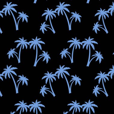 Katı siyah arka planda parlak mavi palmiye ağaçlarının siluetlerini içeren çarpıcı, pürüzsüz bir desen. Bu yüksek kontrastlı tropikal tasarım yaz temalı giyim, plaj kıyafeti ve modern grafik tasarım projeleri için idealdir.