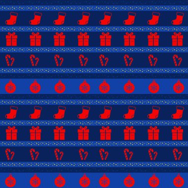 Çoraplarla, hediye kutularıyla, baston şekerlerle ve Noel süsleriyle kusursuz bir Noel deseni. Dekoratif kış tasarımı ambalaj kağıdı, tekstil baskıları, ambalajlama ve şenlikli arka planlar için idealdir