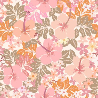 Yumuşak pastel desenli, amber çiçekleri, yapraklı yapraklar ve küçük çiçeklerden oluşan pürüzsüz bir desen. Kumaş, duvar kağıdı, kırtasiye ve dekoratif tasarım projeleri için mükemmel.