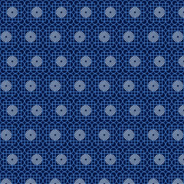 Tekrarlayan kare motifleri ve radyal elementleri içeren mavi tonlarda kusursuz bir geometrik desen. Tekstil, duvar kağıtları, ambalaj ve modern grafik tasarım projeleri için ideal