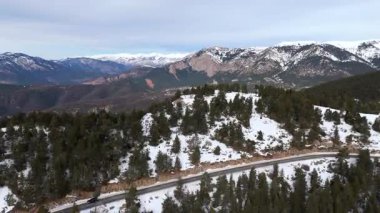 Yoğun ve yeşil bir ormanın içinde dolambaçlı bir yolun havadan görünüşü.