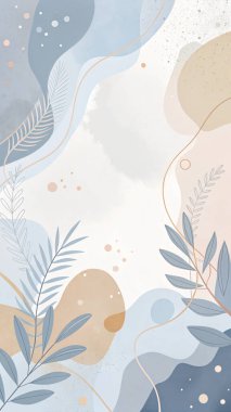 Tozlu mavi-gri, soluk krem, leylak ve organik yapraklar ve çiçek elementleriyle toprak renginde zarif, minimal bir çerçeve..