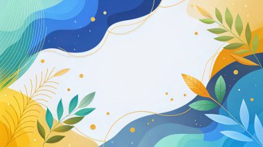 Açık deniz mavisi, zeytin yeşili, kraliyet mavisi, altın sarısı ve turuncu renkleri akan organik botanik şekilli modern soyut çerçeve..