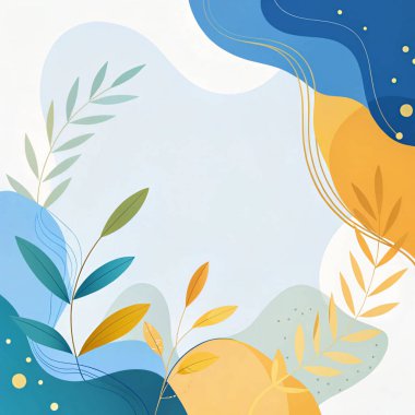 Açık deniz mavisi, zeytin yeşili, kraliyet mavisi, altın sarısı ve turuncu renkleri akan organik botanik şekilli modern soyut çerçeve..