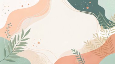 Kum, fildişi, şeftali, adaçayı ve mercan kırmızısının pürüzsüz organik formları ve en az çiçekle özetlenmiş soyut kompozisyonu..