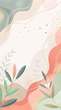 Kum, fildişi, şeftali, adaçayı ve mercan kırmızısının pürüzsüz organik formları ve en az çiçekle özetlenmiş soyut kompozisyonu..