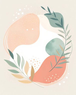 Kum, fildişi, şeftali, adaçayı ve mercan kırmızısının pürüzsüz organik formları ve en az çiçekle özetlenmiş soyut kompozisyonu..