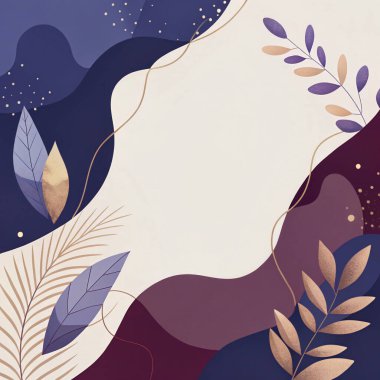 Bordo, leylak, krem, geceyarısı ve botanik şekilli ve organik akışlı çelik mavisi renklerinde zarif, soyut bir çerçeve..