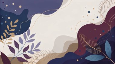 Bordo, leylak, krem, geceyarısı ve botanik şekilli ve organik akışlı çelik mavisi renklerinde zarif, soyut bir çerçeve..