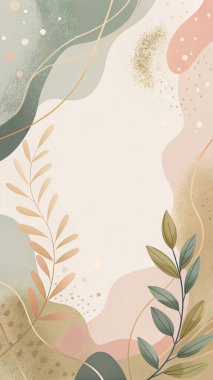 Zeytin, adaçayı, krema, bej ve tozlu gül tonlarında, akışkan organik yaprak formları ve doğadan esinlenilmiş tasarımı olan dünya minimumu çerçeve..