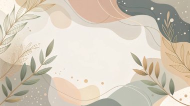 Zeytin, adaçayı, krema, bej ve tozlu gül tonlarında, akışkan organik yaprak formları ve doğadan esinlenilmiş tasarımı olan dünya minimumu çerçeve..