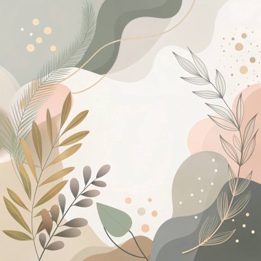 Zeytin, adaçayı, krema, bej ve tozlu gül tonlarında, akışkan organik yaprak formları ve doğadan esinlenilmiş tasarımı olan dünya minimumu çerçeve..