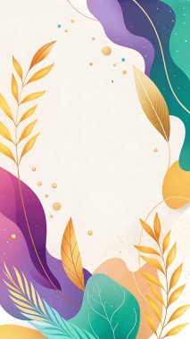 Canlı soyut çerçeve altın sarısı, turuncu, morumsu, nane mavisi ve organik çiçek ve modern tasarım elementlerinin yer aldığı menekşe rengi..