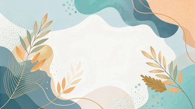 Sanatsal soyut arkaplan harmanlama slate mavi, turkuaz, mercan ve terracotta renkleri ile akan organik botanik formlar.