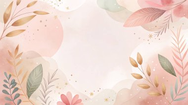 Yaprak pembesi, allık, şeftali, gül ve fuşya renginde romantik pastel çerçeve akışkan organik çiçeklerle ve doğadan esinlenilmiş tasarımla.