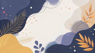 Modern organik botanik akışı ve sanatsal tasarımı ile donanma, leylak, turuncu, bal ve limon renklerinde soyut çerçeve.