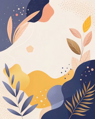 Modern organik botanik akışı ve sanatsal tasarımı ile donanma, leylak, turuncu, bal ve limon renklerinde soyut çerçeve.