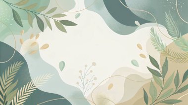 Fildişi, adaçayı, zeytin ve orman yeşili renkleri içeren, organik botanik şekilli ve minimal modern tasarımı olan soyut bir çerçeve..