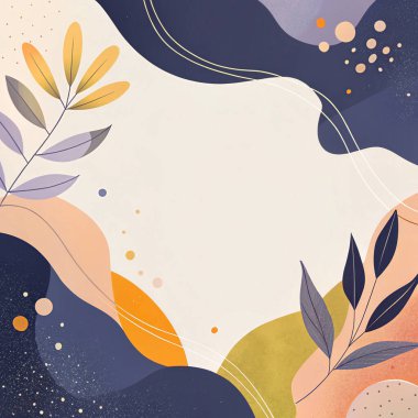 Modern organik botanik akışı ve sanatsal tasarımı ile donanma, leylak, turuncu, bal ve limon renklerinde soyut çerçeve.