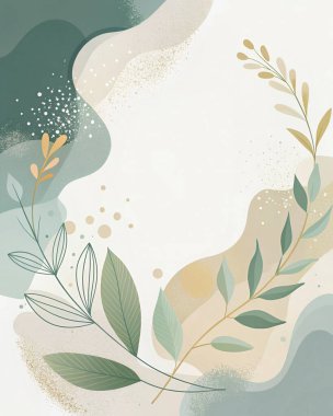 Fildişi, adaçayı, zeytin ve orman yeşili renkleri içeren, organik botanik şekilli ve minimal modern tasarımı olan soyut bir çerçeve..