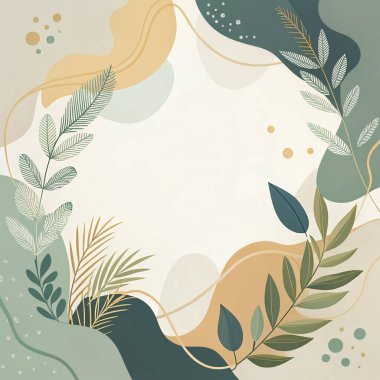 Fildişi, adaçayı, zeytin ve orman yeşili renkleri içeren, organik botanik şekilli ve minimal modern tasarımı olan soyut bir çerçeve..