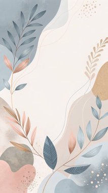 Zarif pastel çerçeve tozlu gül, krema, taupe ve toz mavisi renkleri az çiçekli ve organik yaprak elementleriyle harmanlıyor..