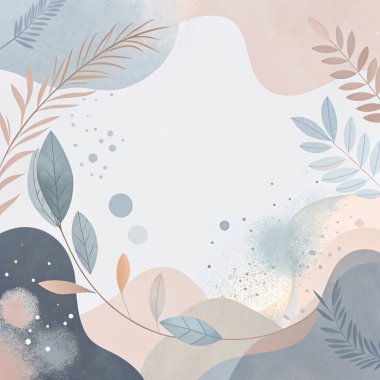 Zarif pastel çerçeve tozlu gül, krema, taupe ve toz mavisi renkleri az çiçekli ve organik yaprak elementleriyle harmanlıyor..