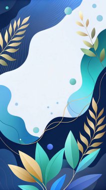 Modern akışkan organik şekiller ve minimum botanik aksanlarla donanma, turkuaz, gökyüzü ve su tonlarında okyanustan esinlenilmiş soyut çerçeve.