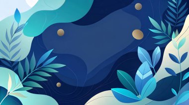 Modern akışkan organik şekiller ve minimum botanik aksanlarla donanma, turkuaz, gökyüzü ve su tonlarında okyanustan esinlenilmiş soyut çerçeve.