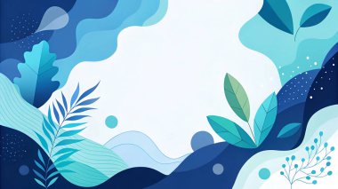 Donanma, deniz mavisi, turkuaz, gökyüzü ve sıvı organik botanik formları ve modern stili olan soluk su renklerinde katmanlı deniz ürünü soyut çerçeve..