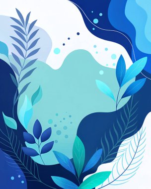 Donanma, deniz mavisi, turkuaz, gökyüzü ve sıvı organik botanik formları ve modern stili olan soluk su renklerinde katmanlı deniz ürünü soyut çerçeve..