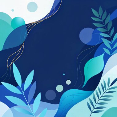 Donanma, deniz mavisi, turkuaz, gökyüzü ve sıvı organik botanik formları ve modern stili olan soluk su renklerinde katmanlı deniz ürünü soyut çerçeve..