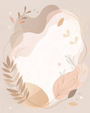 Fildişi, kızarık, kahverengi tonlarda, organik şekillerde ve hafif botanik aksanlı sıcak ve soyut bir arka plan..