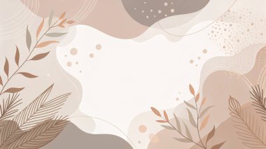 Fildişi, kızarık, kahverengi tonlarda, organik şekillerde ve hafif botanik aksanlı sıcak ve soyut bir arka plan..