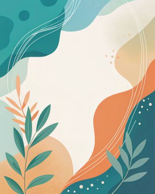 Canlı deniz köpüğü, kehribar, terracotta ve yosun renkleriyle, organik şekiller ve doğal akış içeren soyut kıyı şeridi..