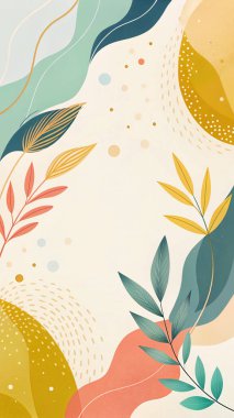 Sarı, mavi, kireç, şeftali ve kırmızı renkli çağdaş çerçeve akışkan organik çiçek ve modern botanik tasarımı.