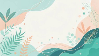 Gök mavisi, turkuaz, şeftali ve mercan renginde, organik botanik şekilli, minimal modern çiçek stilinde soyut bir çerçeve..