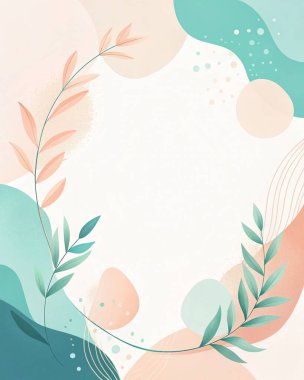 Gök mavisi, turkuaz, şeftali ve mercan renginde, organik botanik şekilli, minimal modern çiçek stilinde soyut bir çerçeve..