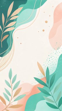 Gök mavisi, turkuaz, şeftali ve mercan renginde, organik botanik şekilli, minimal modern çiçek stilinde soyut bir çerçeve..