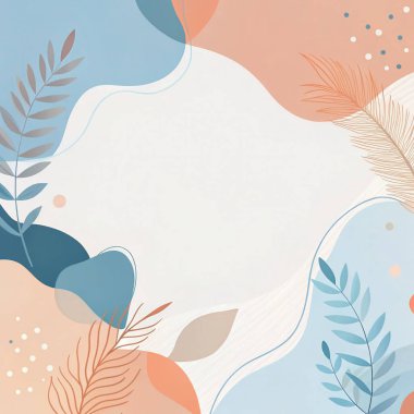 Sıcak pastel, mercan, şeftali, gökyüzü mavisi ve organik yaprak ve çiçek elementleri içeren soyut bileşim..