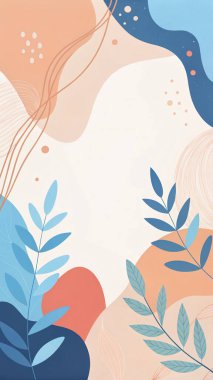 Sıcak pastel, mercan, şeftali, gökyüzü mavisi ve organik yaprak ve çiçek elementleri içeren soyut bileşim..