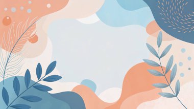 Sıcak pastel, mercan, şeftali, gökyüzü mavisi ve organik yaprak ve çiçek elementleri içeren soyut bileşim..