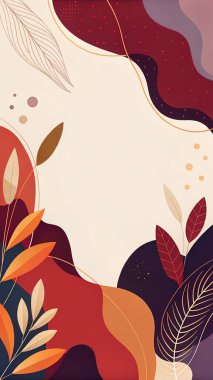 Burgonya, kırmızı, mandalina ve deniz mavisi renklerini organik şekiller ve botanik aksanlarla harmanlayan modern soyut çerçeve..