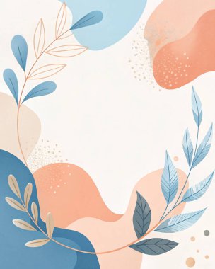 Sıcak pastel, mercan, şeftali, gökyüzü mavisi ve organik yaprak ve çiçek elementleri içeren soyut bileşim..