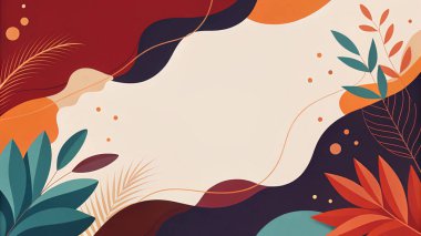 Burgonya, kırmızı, mandalina ve deniz mavisi renklerini organik şekiller ve botanik aksanlarla harmanlayan modern soyut çerçeve..