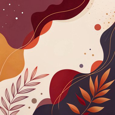 Burgonya, kırmızı, mandalina ve deniz mavisi renklerini organik şekiller ve botanik aksanlarla harmanlayan modern soyut çerçeve..