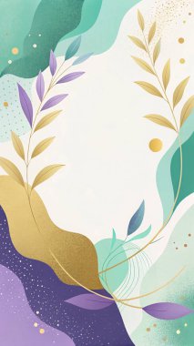 Akan organik çiçekli ve botanik şekilli nane, deniz mavisi, kahverengi ve mor renklere sahip zarif soyut bir arka plan..