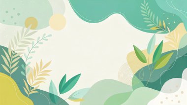 Zümrüt, kireç, mavi ve bej renklerinde, organik yaprak şekilli, minimal modern çiçekli, soyut bir çerçeve..